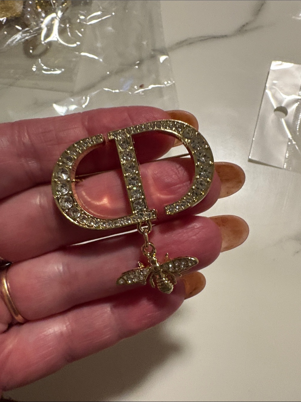 Gold Crystal Bee Logo Brooch - Gold
